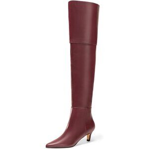 Women Burgundy Thigh High Pointed Toe Kitten Heel Over the Knee Long Boot